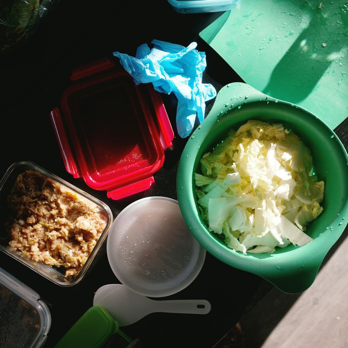 Overhead view of chopped vegetables and meal prep ingredients for fast healthy cooking