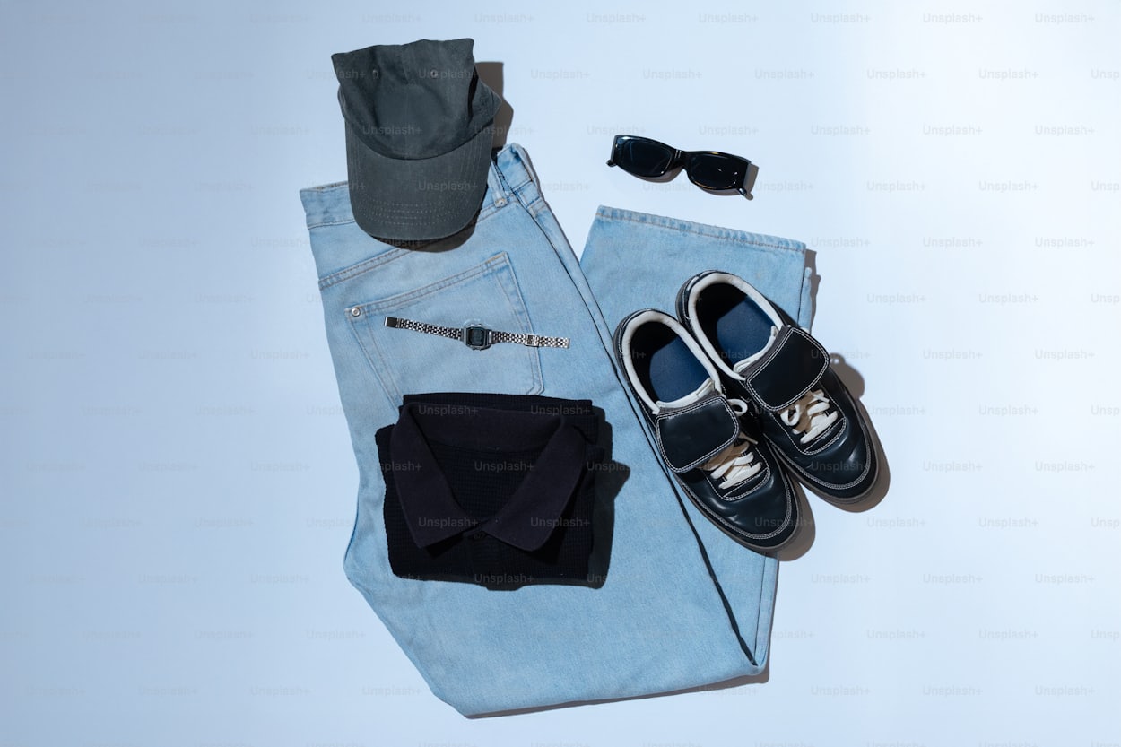 Casual outfit flat lay with watch, cap, and sunglasses as style upgrades