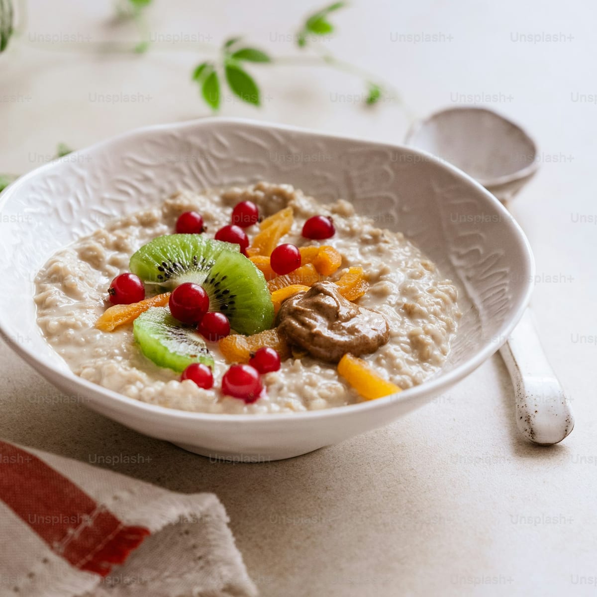 Nutritious oatmeal bowl with fruit and nuts as a balanced pre-workout meal option